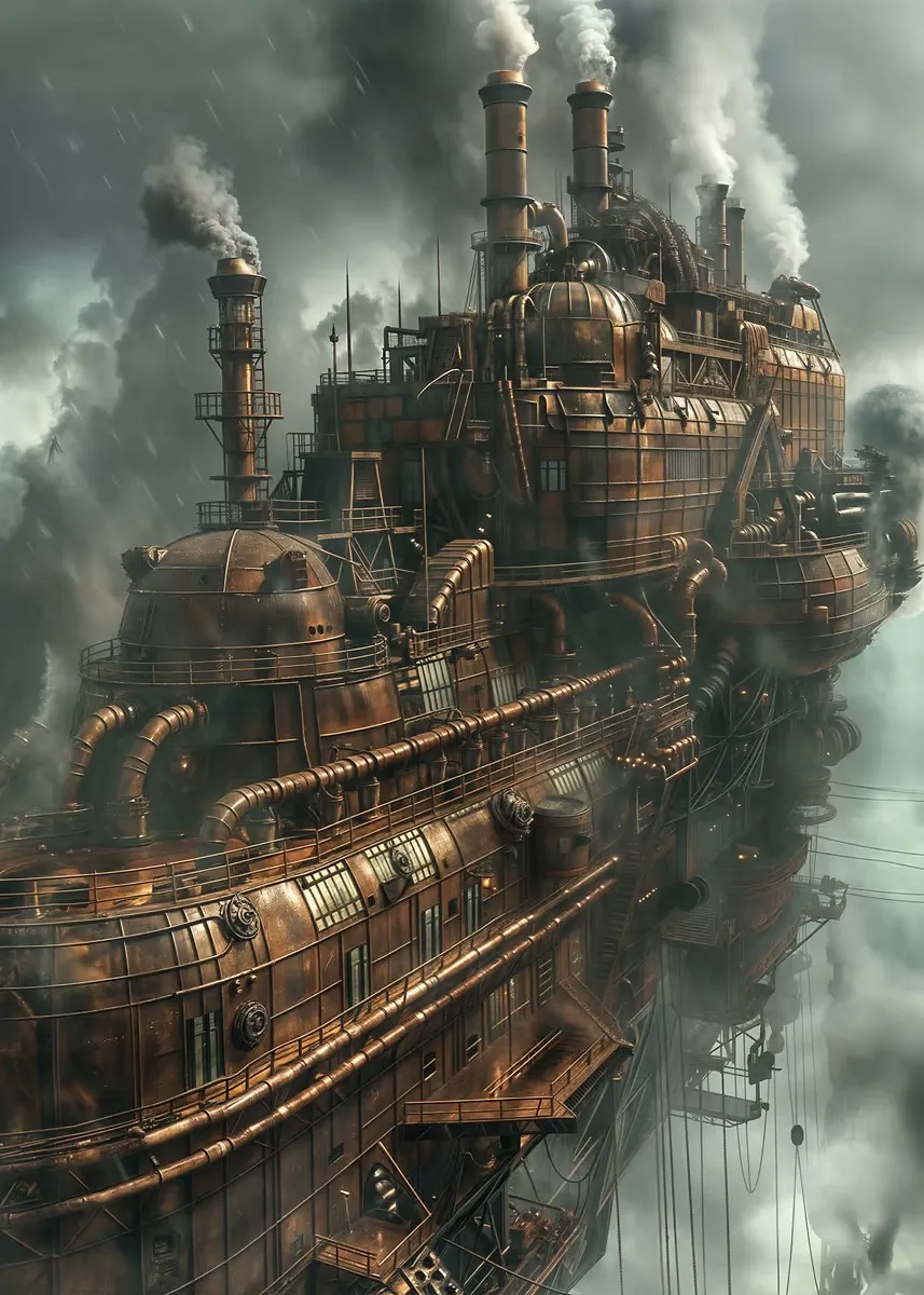 Plakat steampunk miasto industrialne żółty
