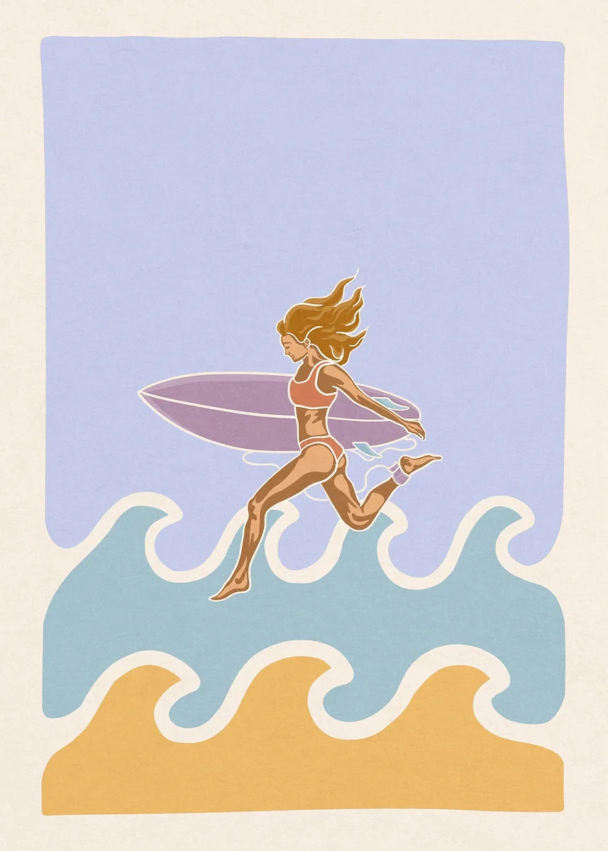 Surferka nad oceanem - minimalistyczny plakat Burgundia