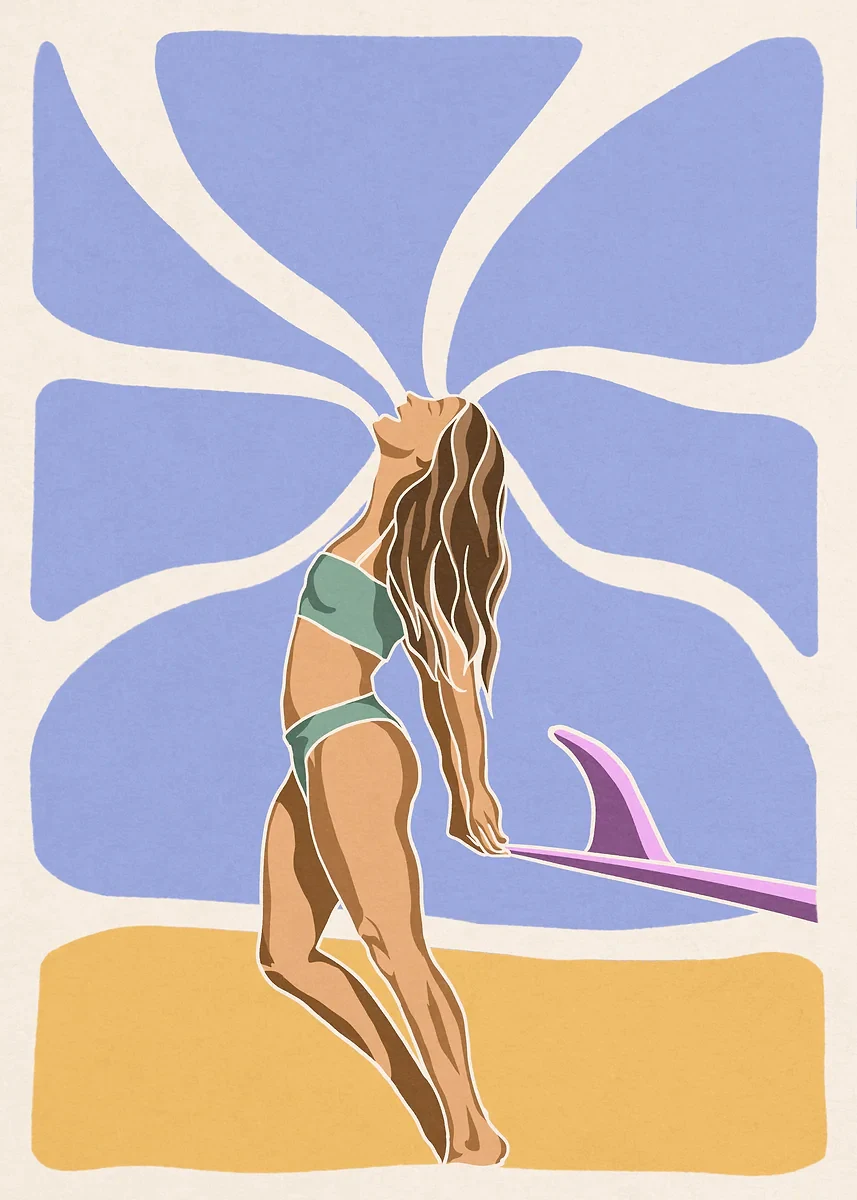 Surferka nad oceanem - minimalistyczny plakat Czarny