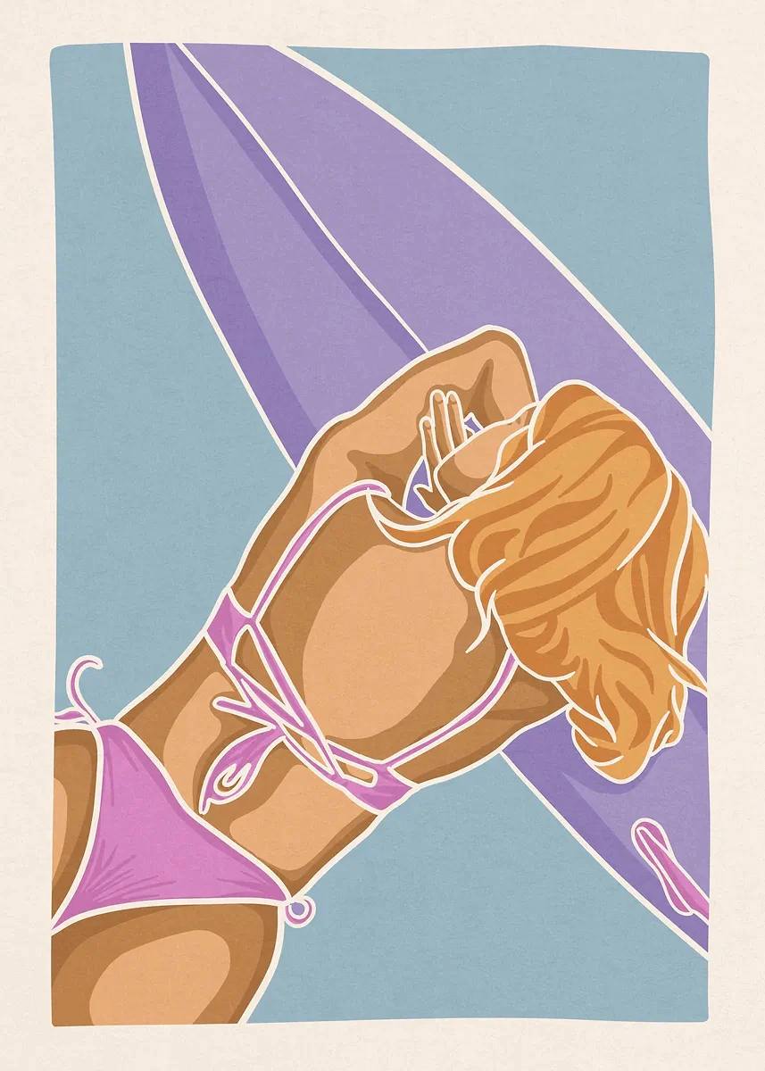 Surferka nad oceanem - minimalistyczny plakat Czerwony