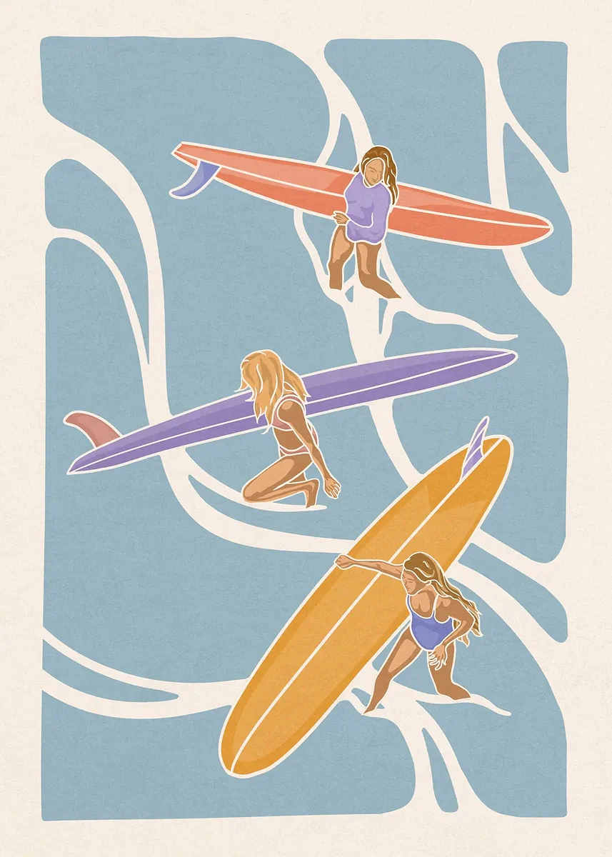 Surferka nad oceanem - minimalistyczny plakat Jasnoszary