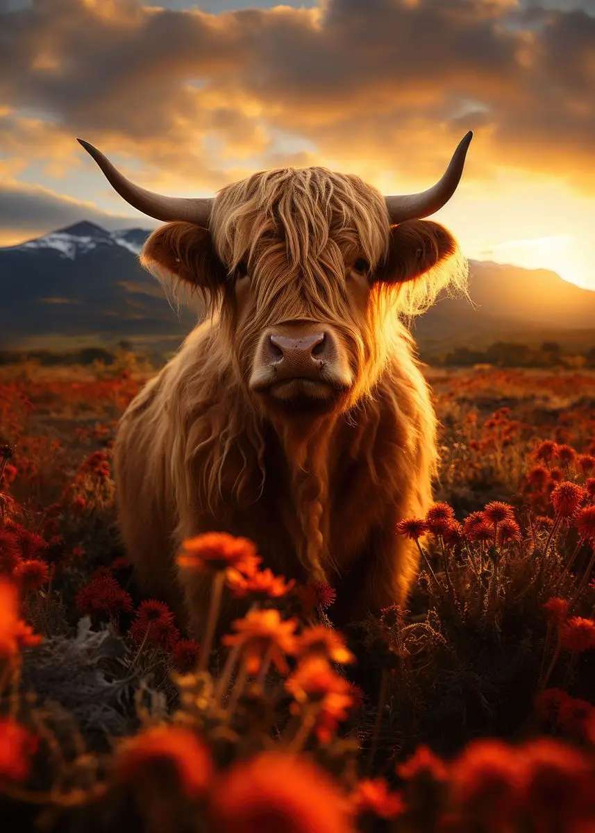 Plakat szkocka krowa highland Jasnoszary