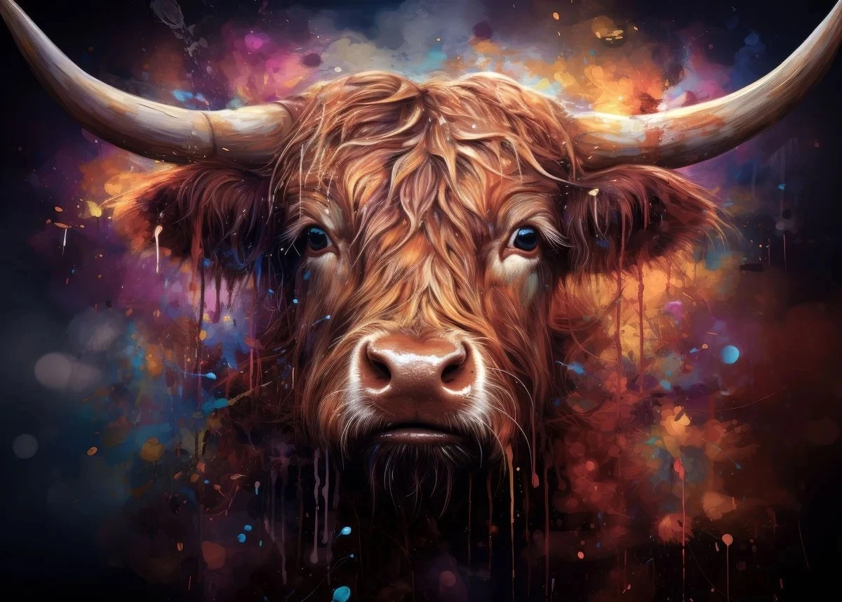 Plakat szkocka krowa highland Niebieski