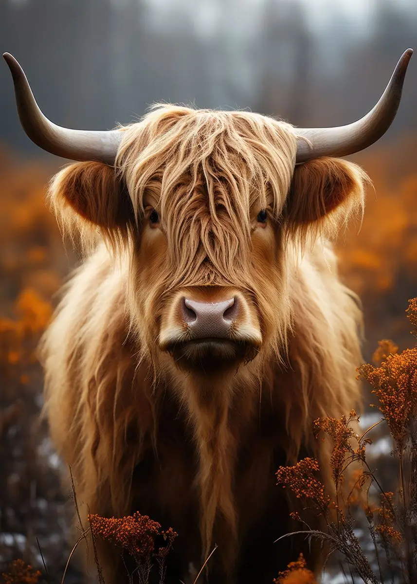 Plakat szkocka krowa highland żółty