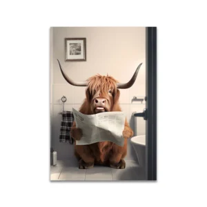 Plakat szkockiej krowy czytającej w toalecie Niebieski