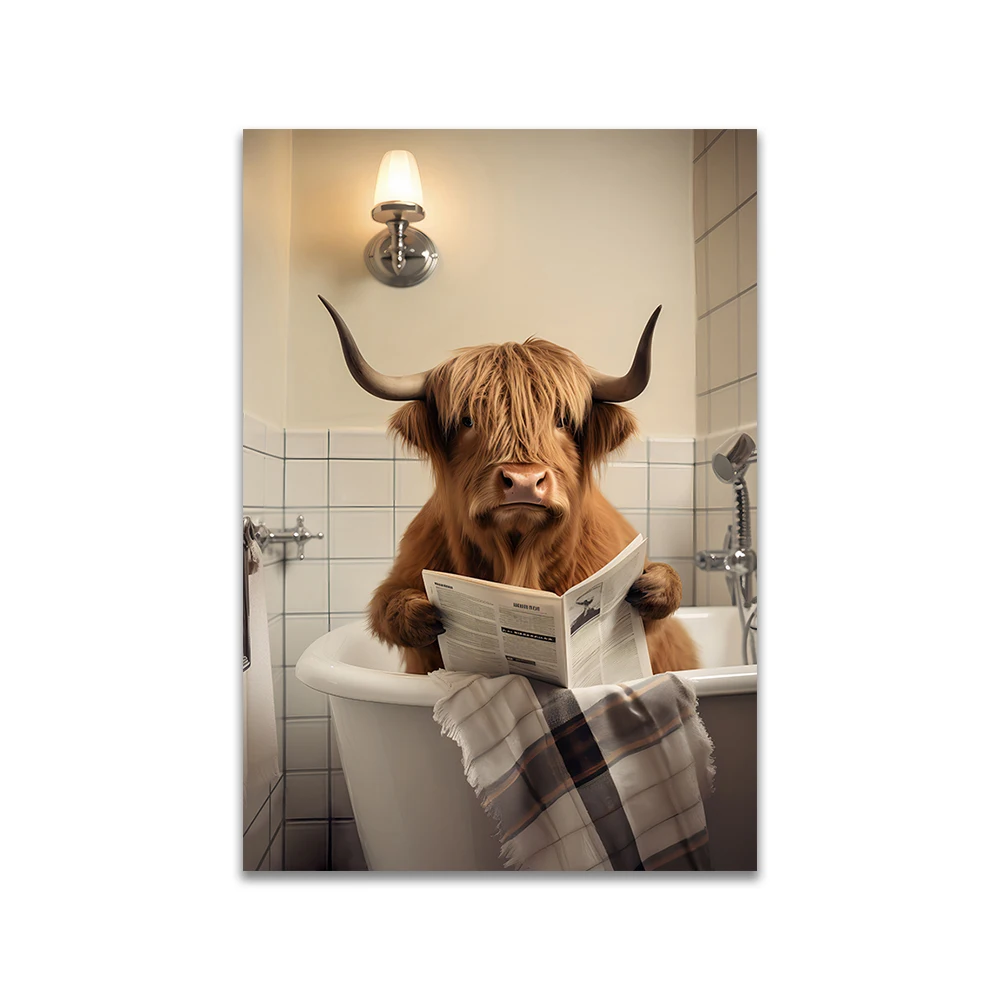 Plakat szkockiej krowy czytającej w toalecie Zielony