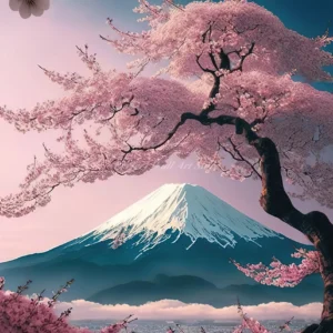 Plakat Tokio o zachodzie słońca - Fudżi i sakura Biały