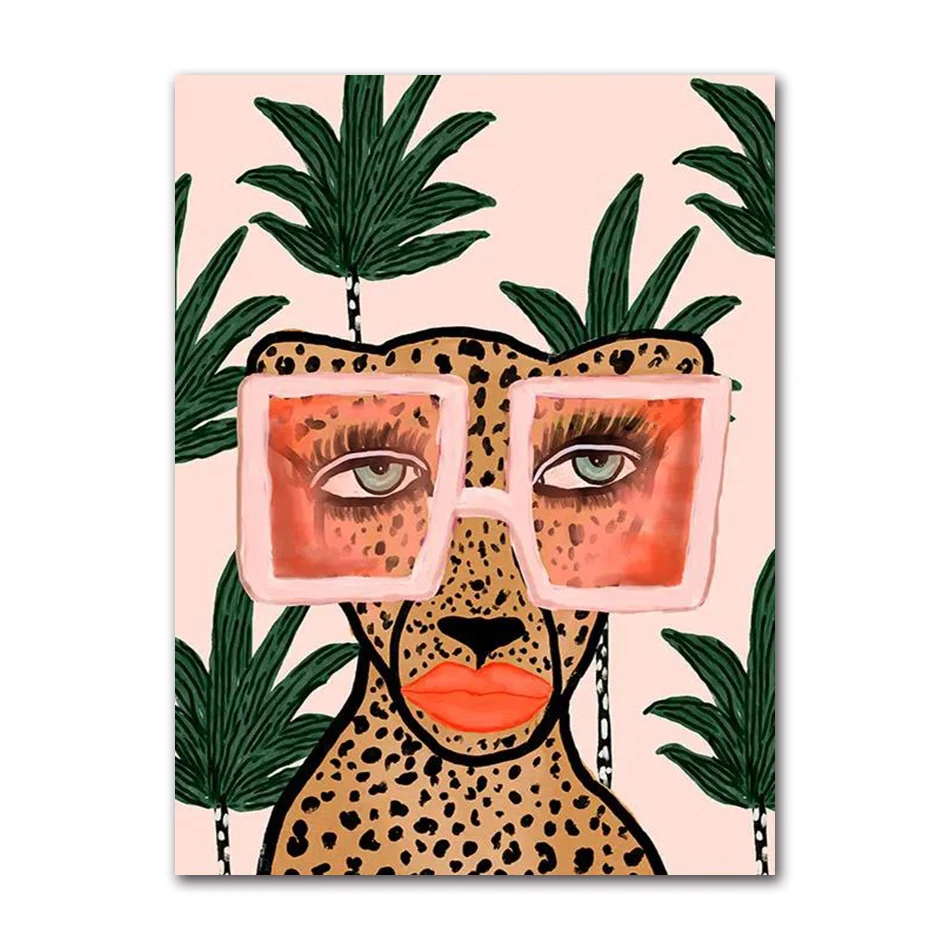 Plakat tropikalny kobieta i gepard Burgundia