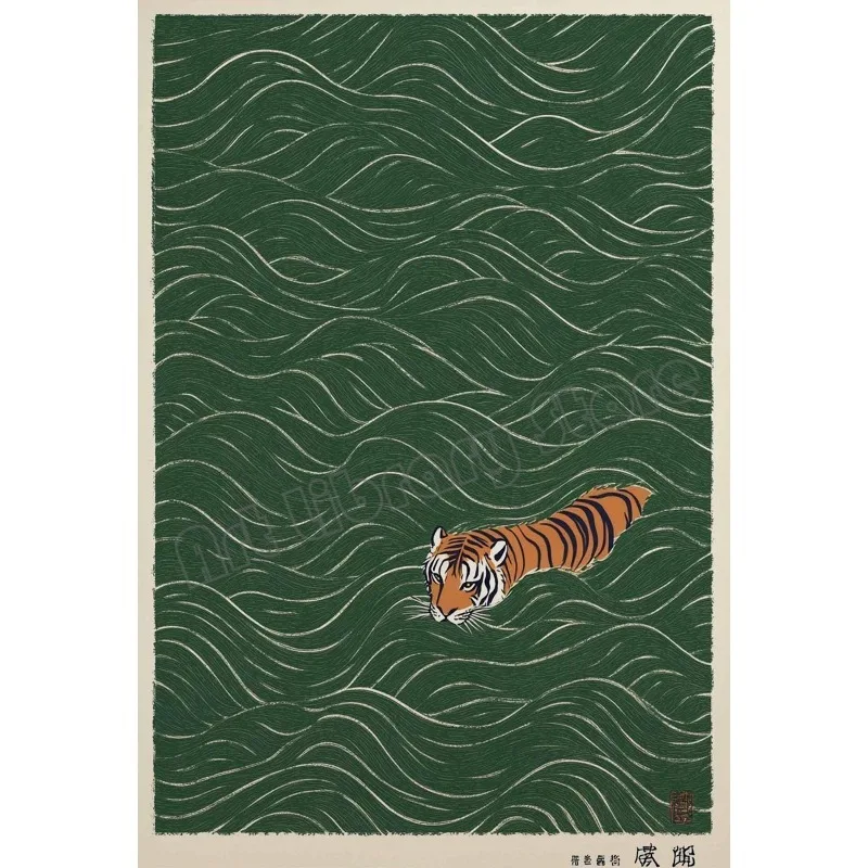 Tygrys i grzyby – japoński plakat w stylu ukiyo-e Jasnozielony