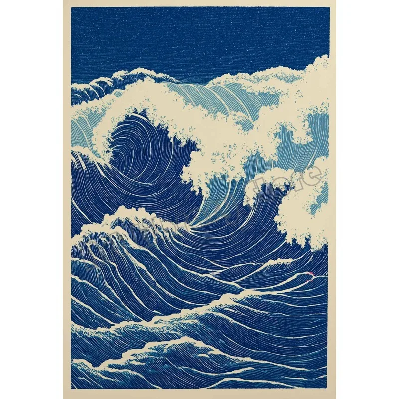 Tygrys i grzyby – japoński plakat w stylu ukiyo-e Niebieski