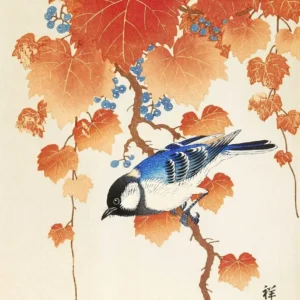 Plakat japoński ukiyo-e ze złotą rybką i żurawiem śliwka