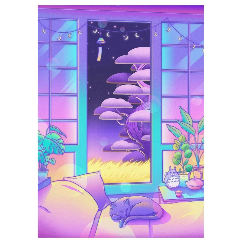 Nocne miasto z kotem - plakat vaporwave Biały