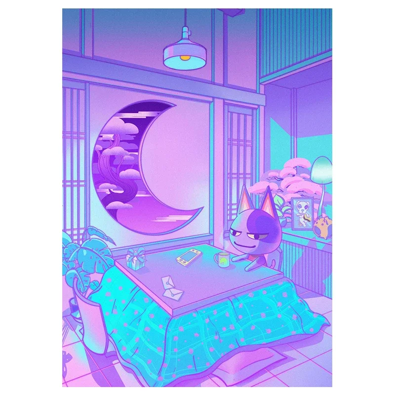 Nocne miasto z kotem - plakat vaporwave Burgundia