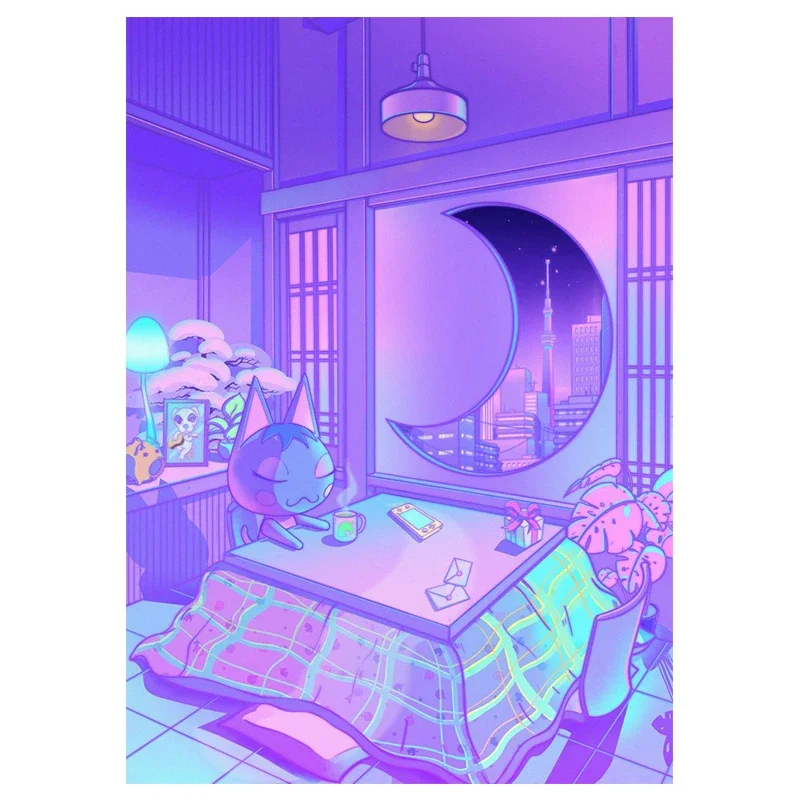 Nocne miasto z kotem - plakat vaporwave Czerwony