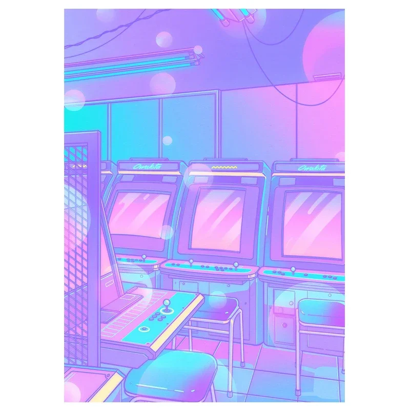 Nocne miasto z kotem - plakat vaporwave Fioletowy
