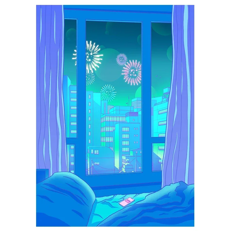 Nocne miasto z kotem - plakat vaporwave Fuksja