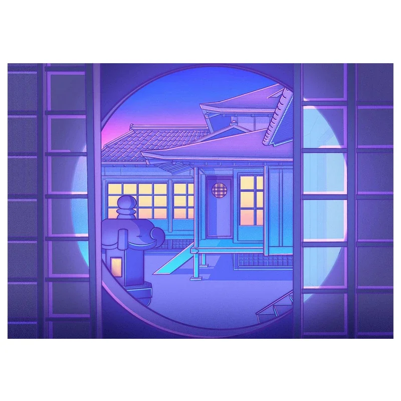 Nocne miasto z kotem - plakat vaporwave Kawa