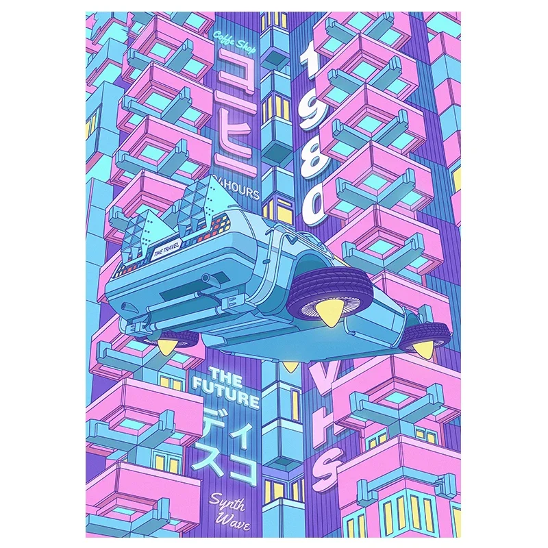 Nocne miasto z kotem - plakat vaporwave Kolba