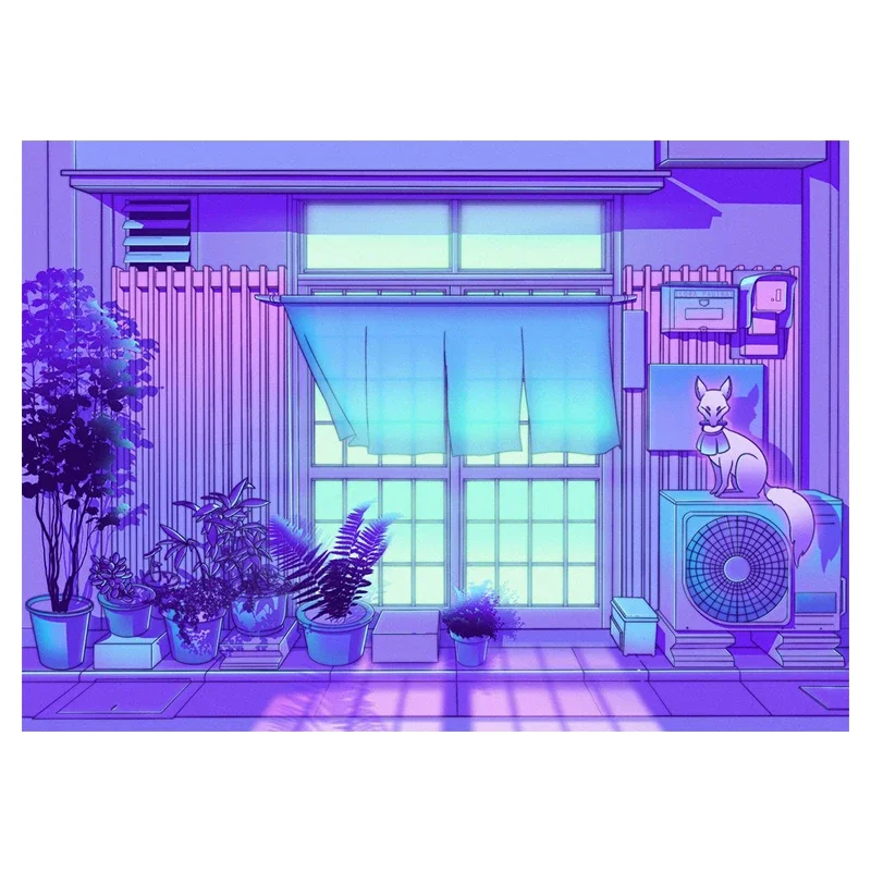 Nocne miasto z kotem - plakat vaporwave Liliowy