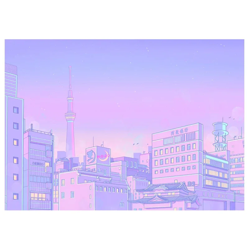 Nocne miasto z kotem - plakat vaporwave Mięta