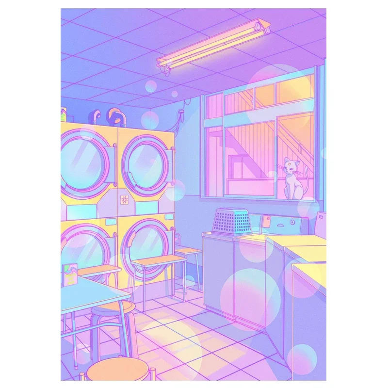 Nocne miasto z kotem - plakat vaporwave Srebrny