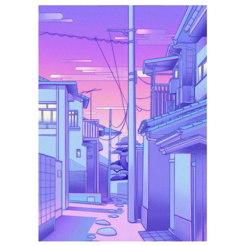 Nocne miasto z kotem - plakat vaporwave Złoto