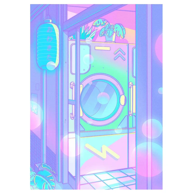 Nocne miasto z kotem - plakat vaporwave żółty