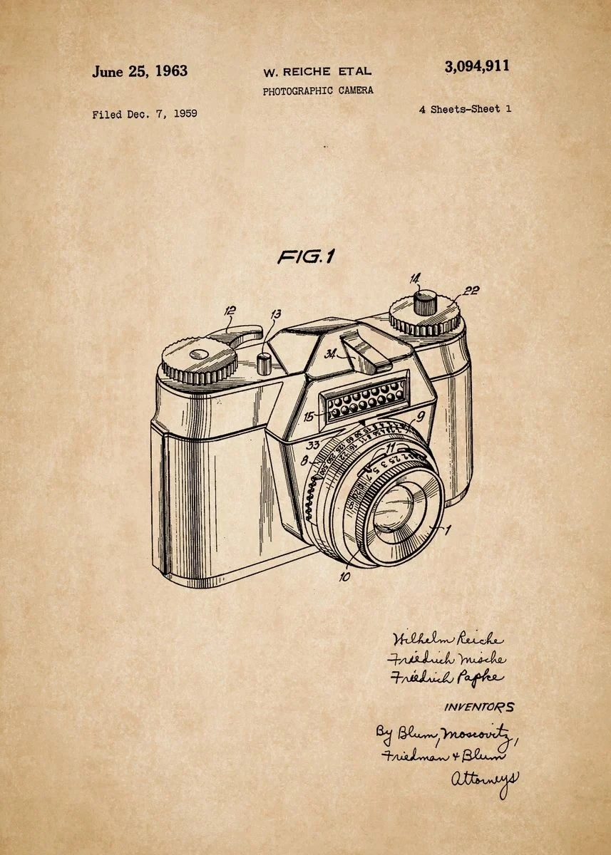 Plakat vintage aparaty fotograficzne Jasnożółty