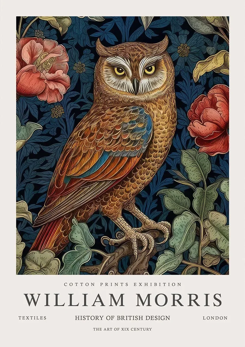 Plakat vintage botaniczny sowa i motyle Wielo