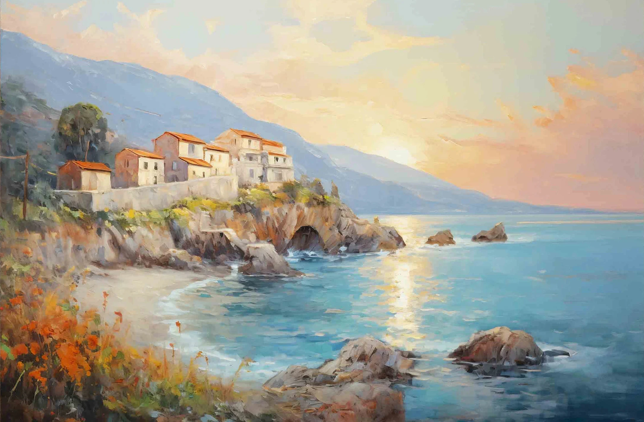 Plakat vintage krajobraz wybrzeża Amalfi Burgundia