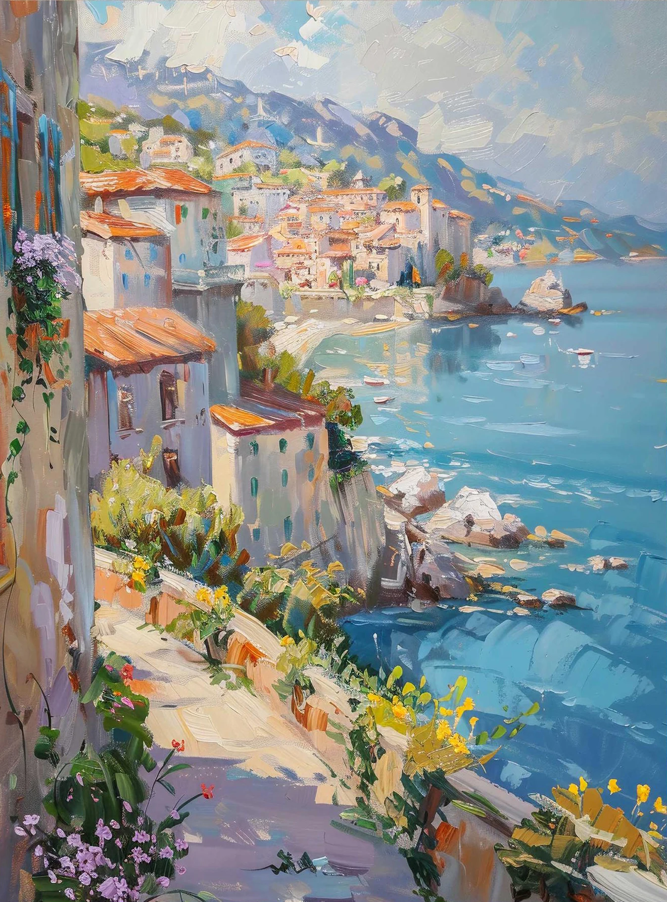 Plakat vintage krajobraz wybrzeża Amalfi Khaki
