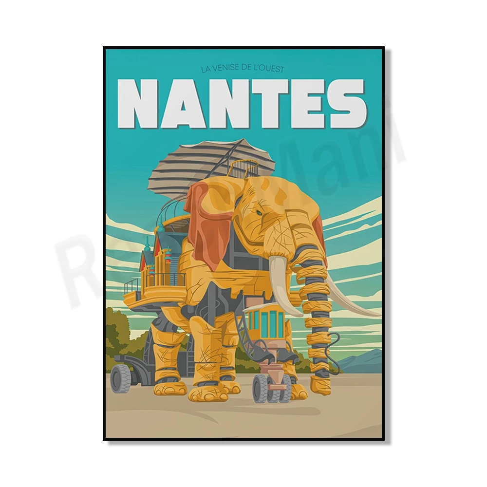 Plakat vintage Nantes ze słoniami nad Loarą Granatowy