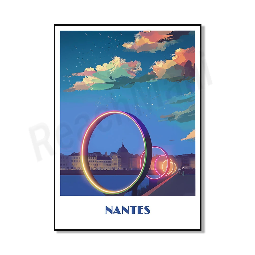 Plakat vintage Nantes ze słoniami nad Loarą Niebieski