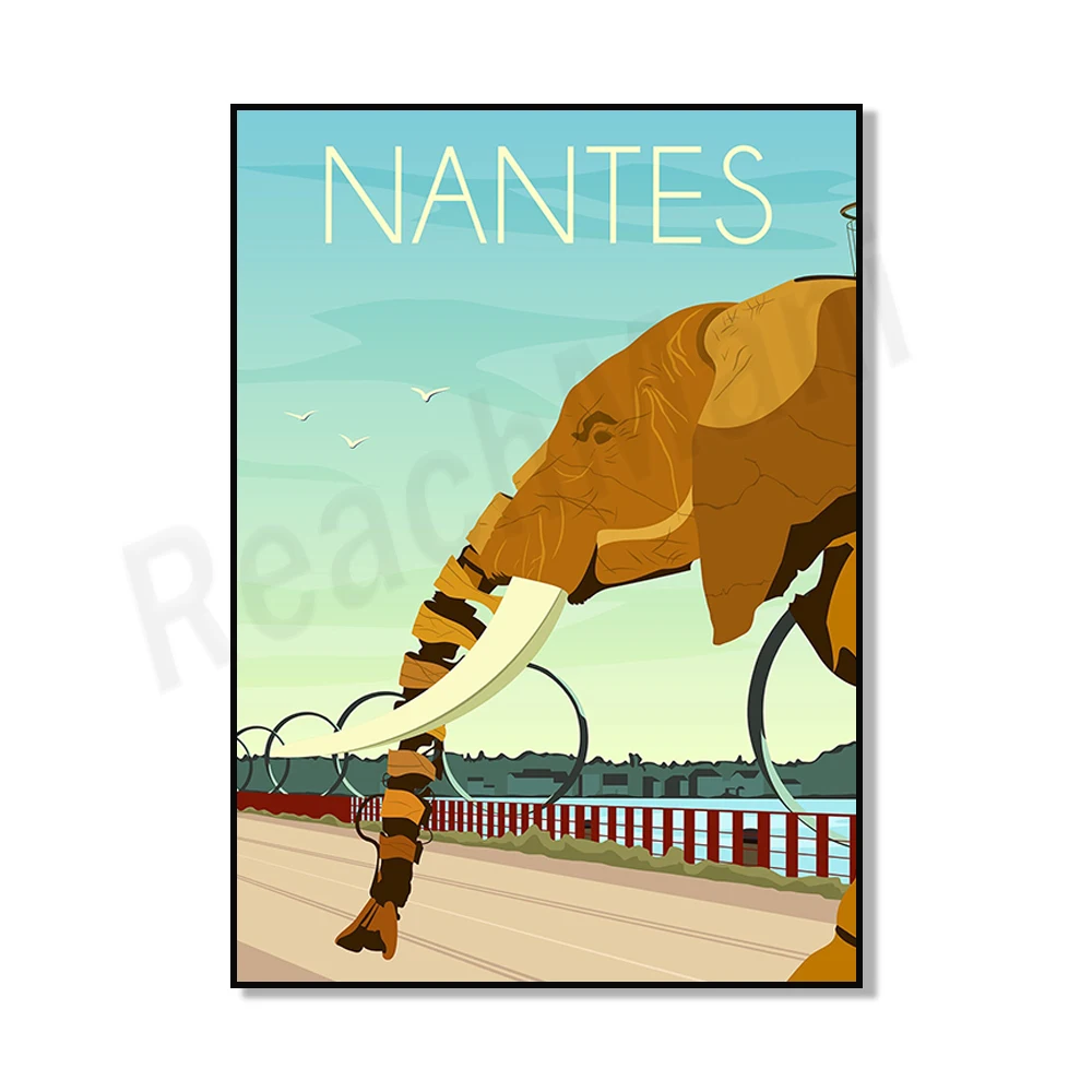 Plakat vintage Nantes ze słoniami nad Loarą śliwka