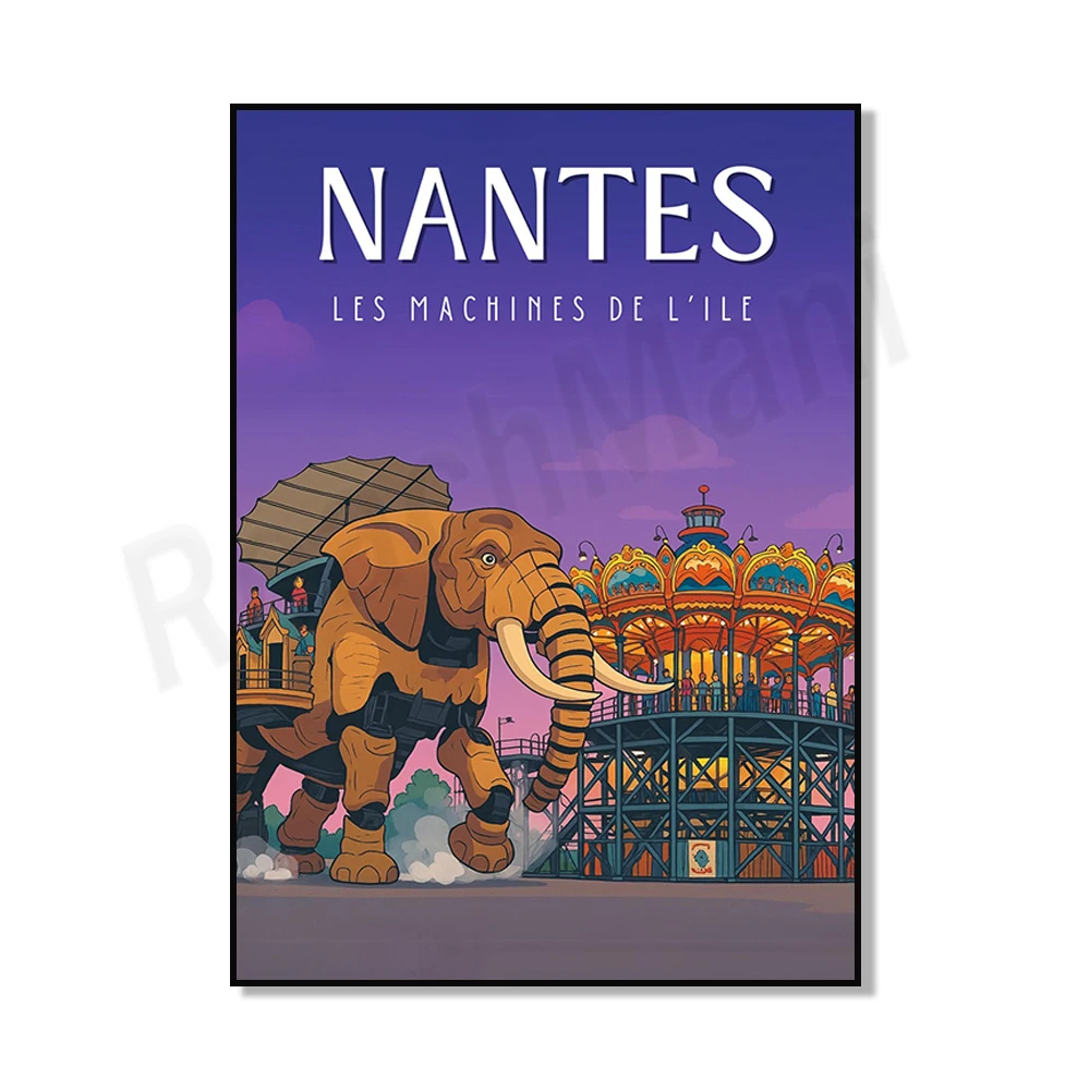 Plakat vintage Nantes ze słoniami nad Loarą Zielony