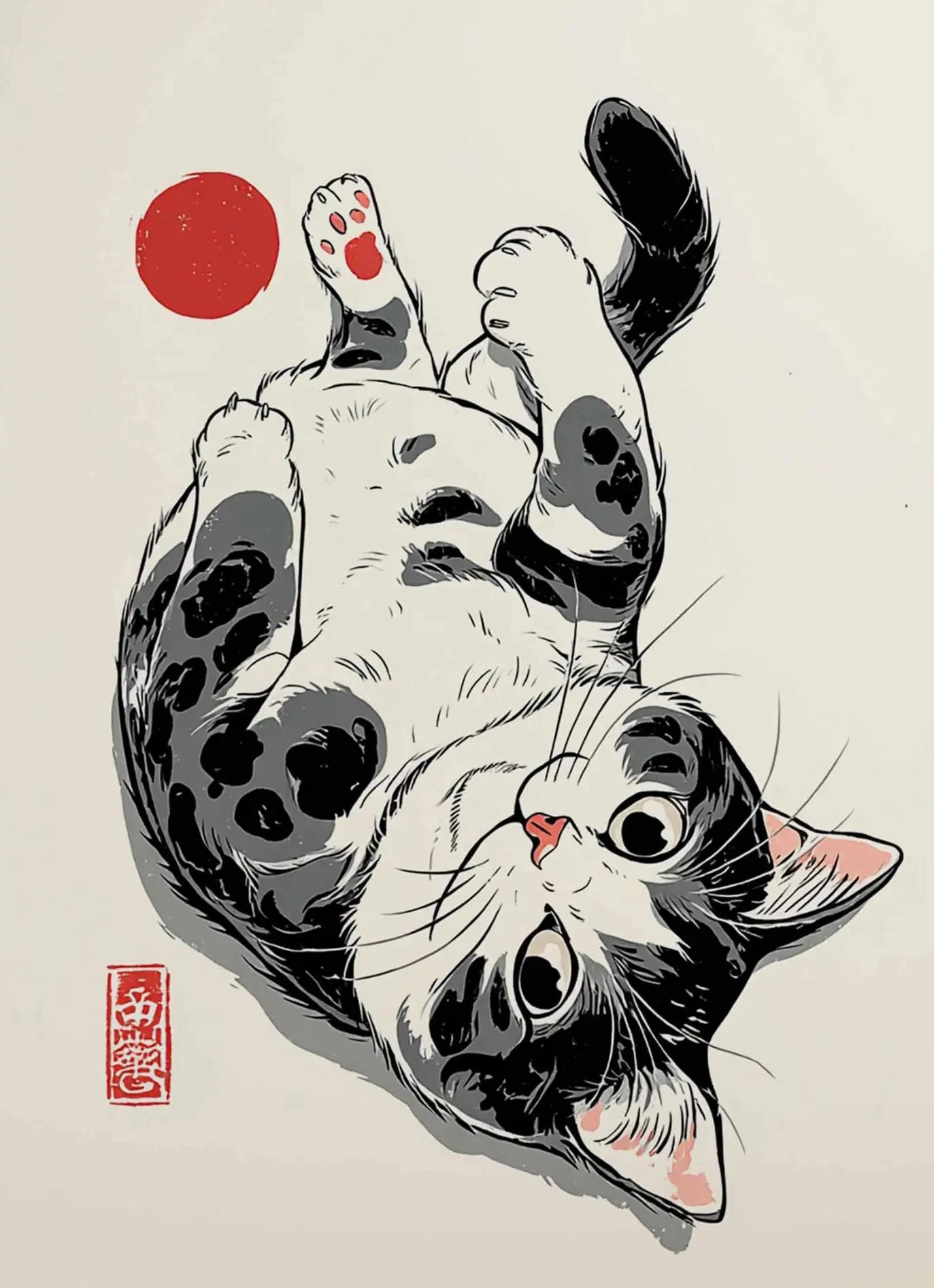 Plakat vintage sushi ramen i czarny kot Beżowy