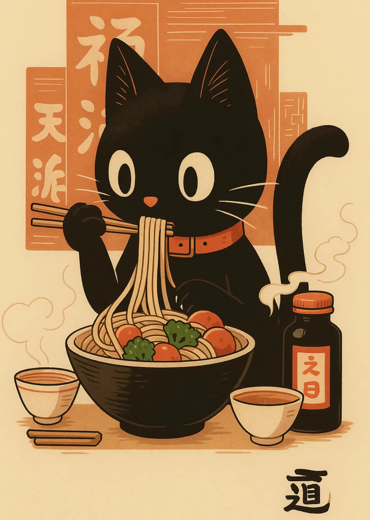 Plakat vintage sushi ramen i czarny kot Niebieski