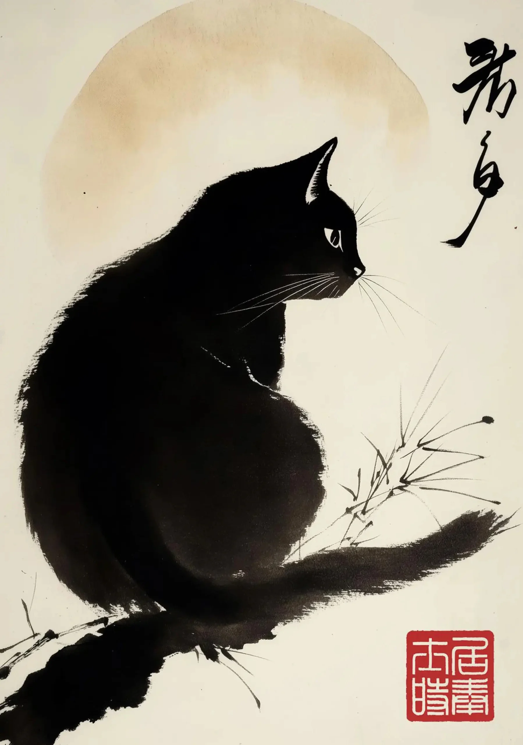 Plakat vintage sushi ramen i czarny kot śliwka