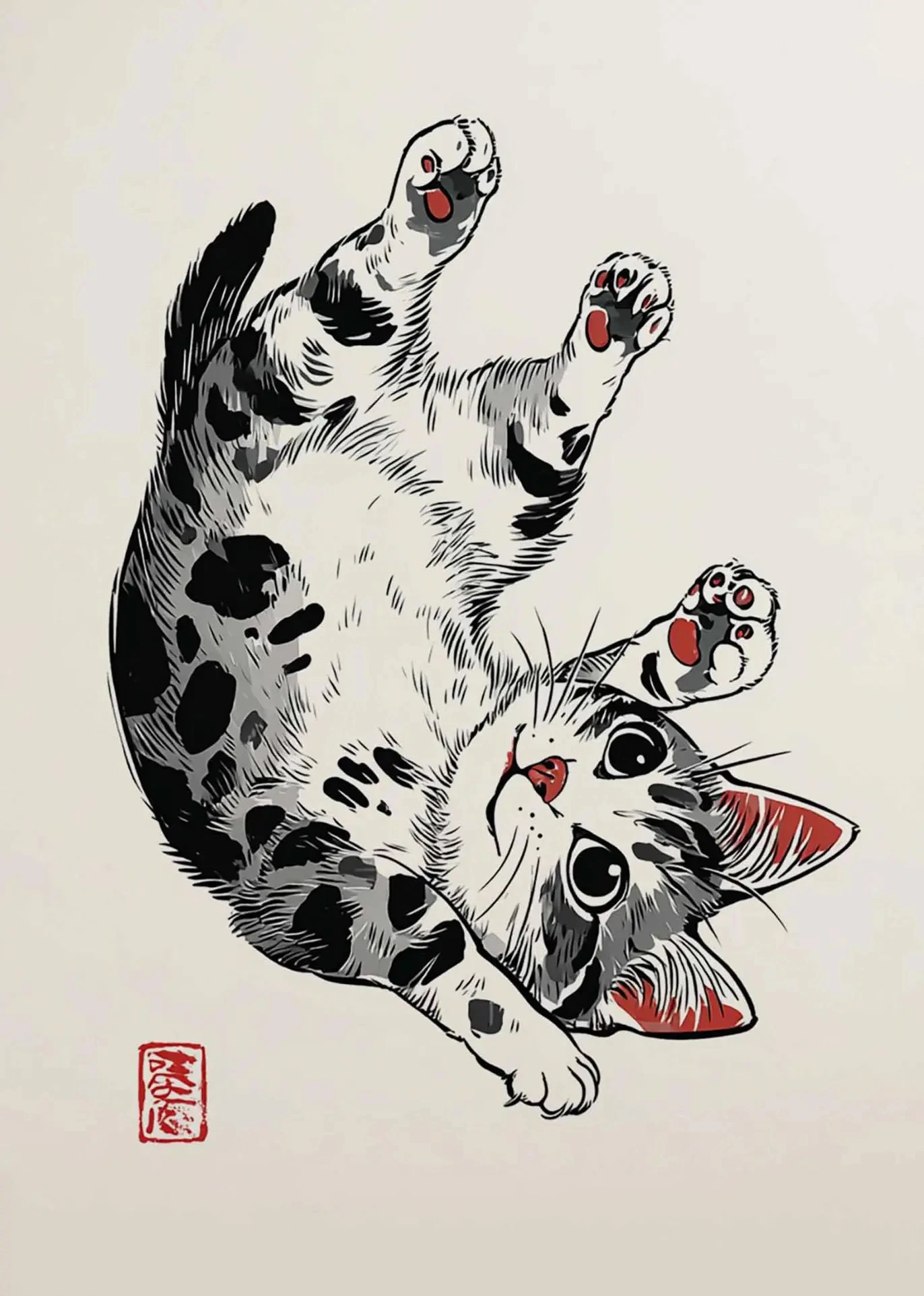 Plakat vintage sushi ramen i czarny kot Złoto