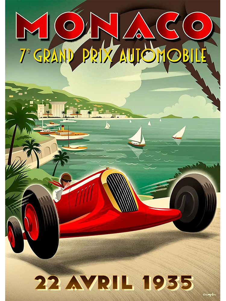 Plakat vintage wyścig samochodowy Jasnoszary