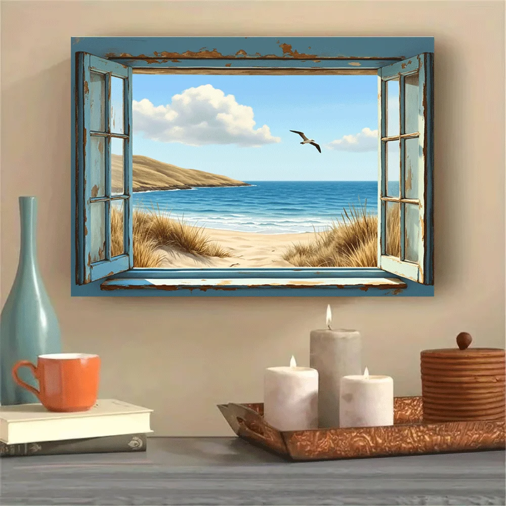 Plakat widok na ocean przez rustykalne okno Niebieski