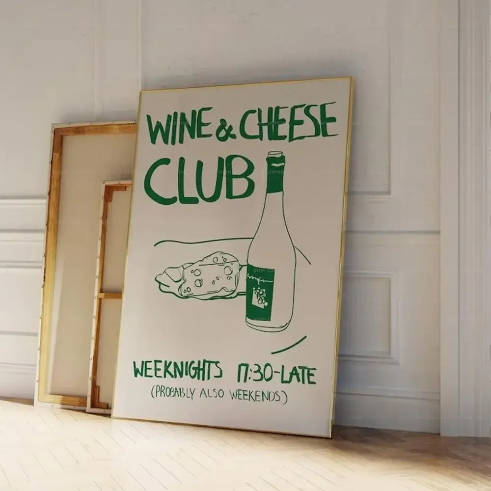 Wine and Cheese Club - plakat retro do kuchni Biały