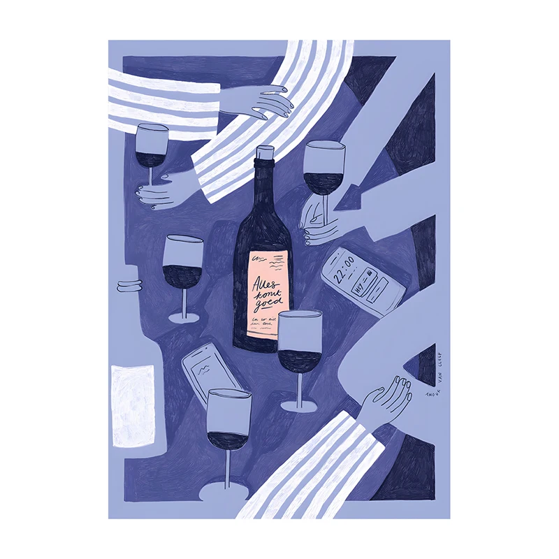 Plakat wino i kwiaty w prostym stylu Granatowy