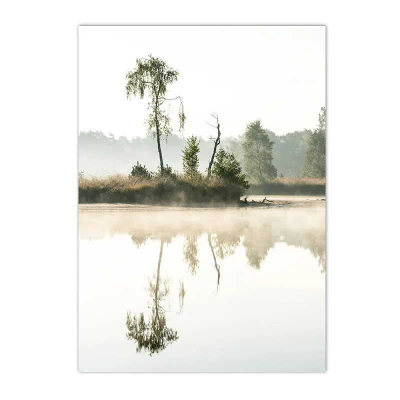 Wiosenne jezioro o wschodzie słońca - plakat natura Zielony