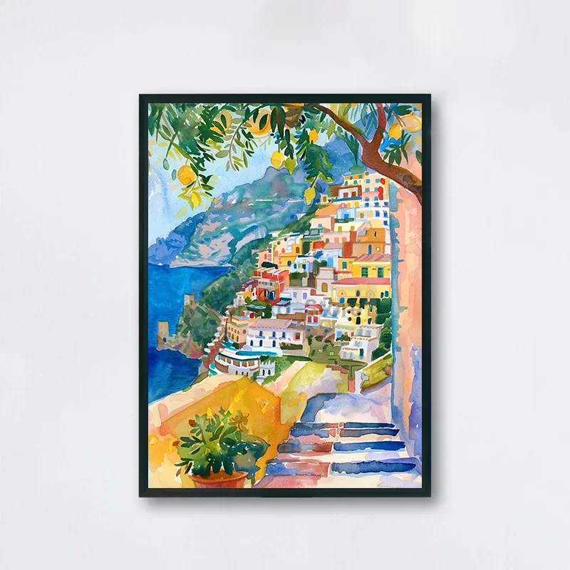 Plakat Wybrzeże Amalfi akwarela Granatowy