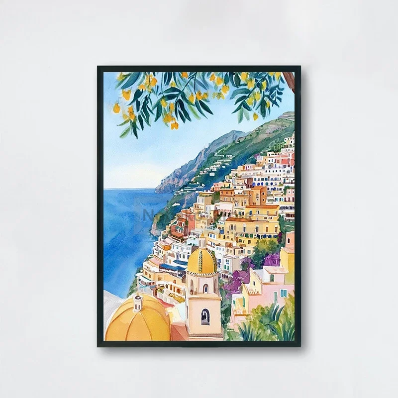 Plakat Wybrzeże Amalfi akwarela Jasnożółty