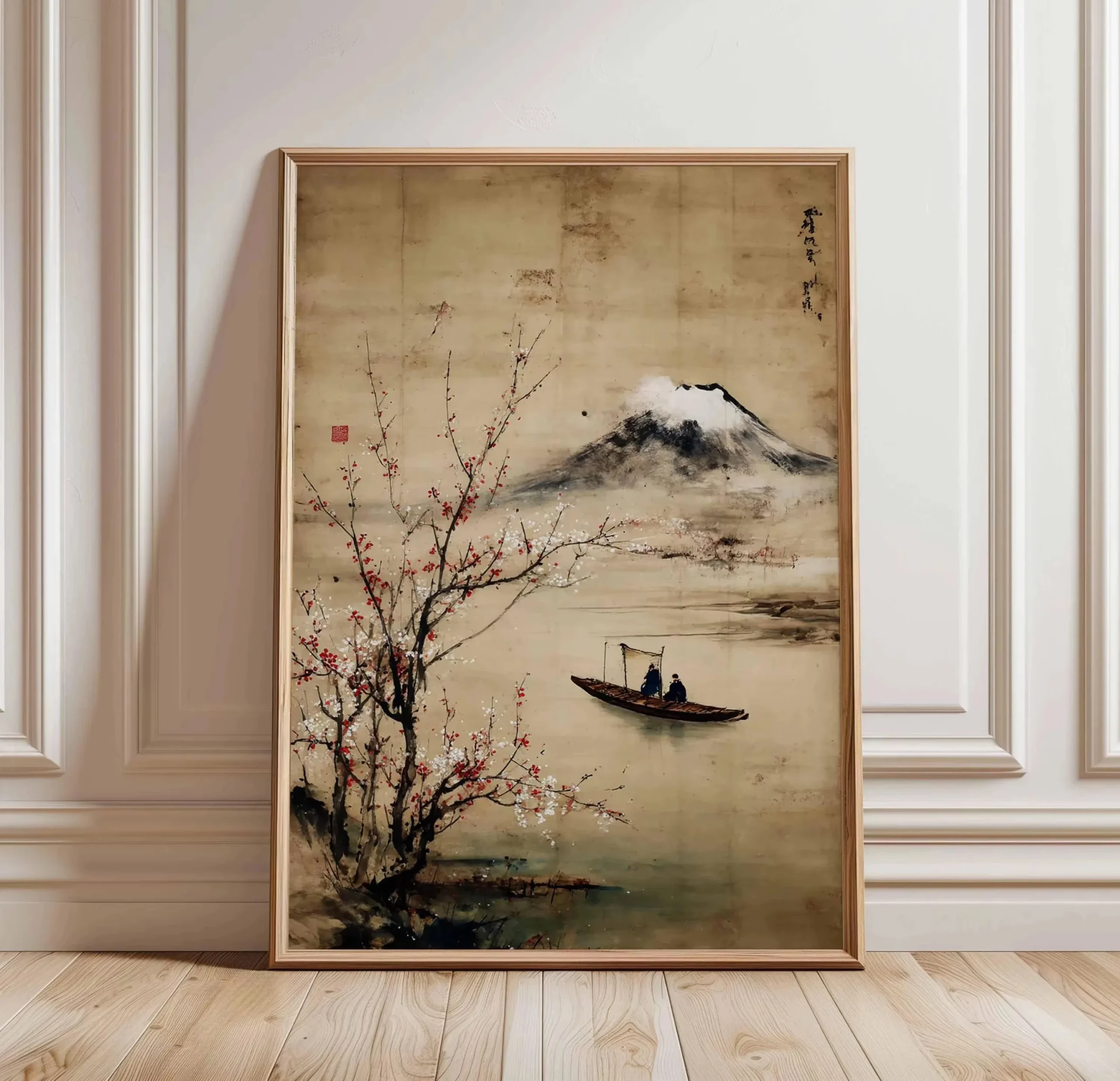 Plakat zen z sosną w stylu chińskim Burgundia