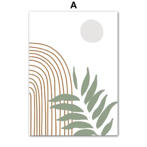 Zielone liście geometria - plakat boho do salonu Biały