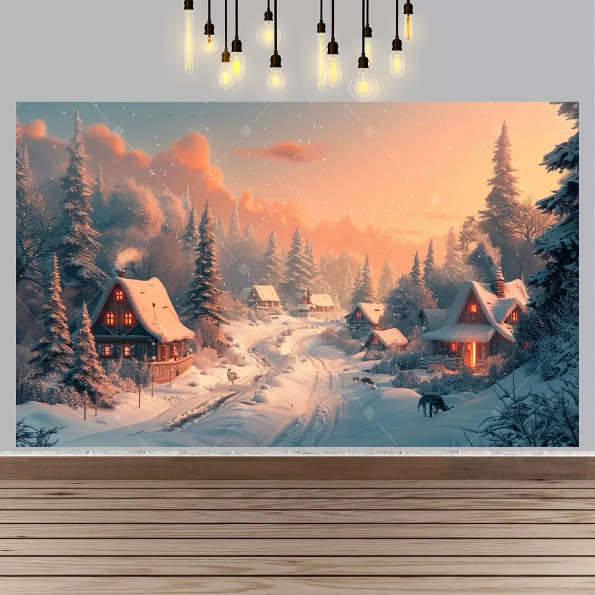 Plakat zimowa kraina - śnieżny las i wieś Burgundia