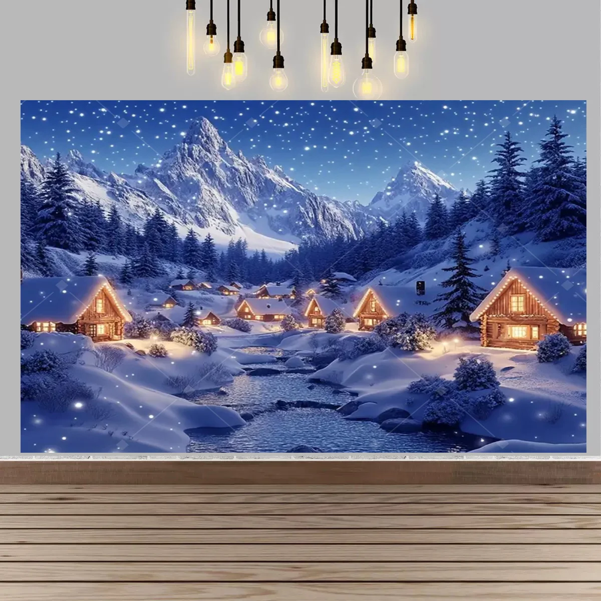 Plakat zimowa kraina - śnieżny las i wieś Głęboki niebieski